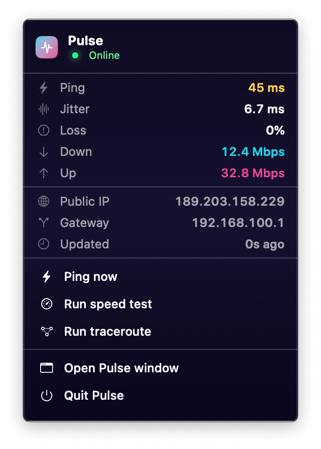 Pulse menu bar dropdown showing live status, metrics, network info and quick actions